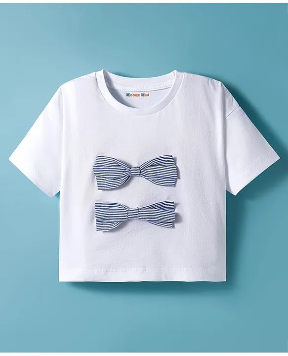 Kookie Kids India Kookie Kids Single Jersey Knit Drop Shoulder Half Sleeves T-Shirt with Striped Bow - White